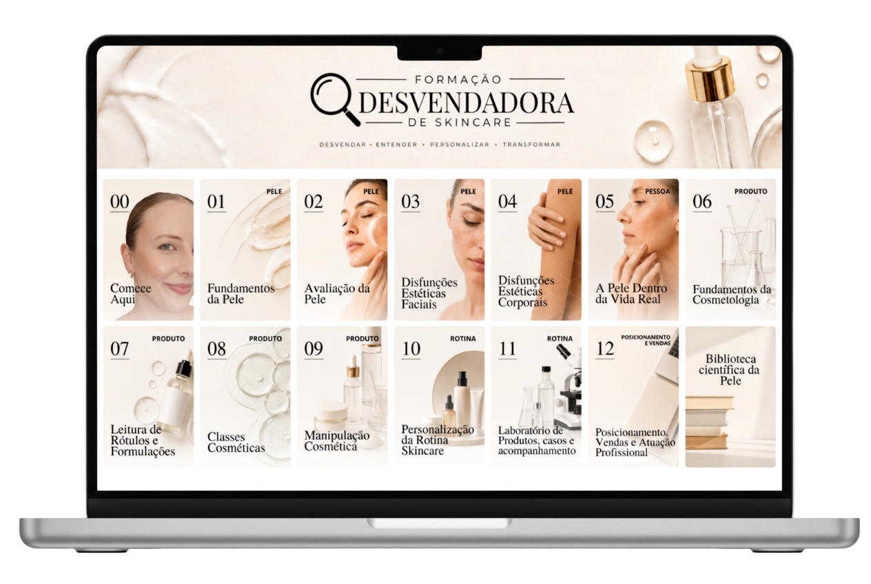 Visualização completa da Formação Desvendadora de Skincare com todos os 12 módulos organizados